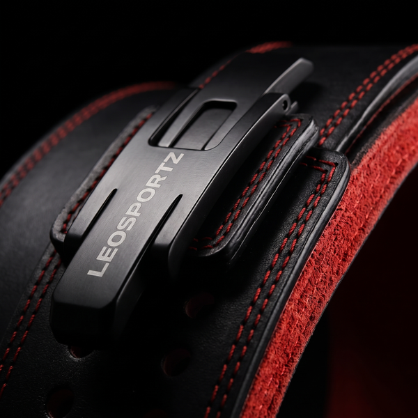 Close-up of the machined steel lever and red double stitching