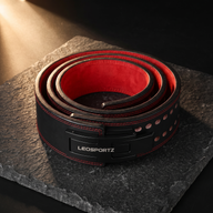 Leosportz Lever Belt Pro coiled, showing black outer leather and red suede interior